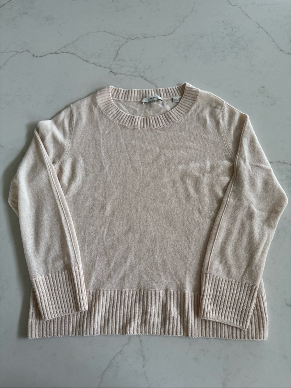 Vince 100% Cashmere Crewneck Sweater Cream Ribbed Trim Size L